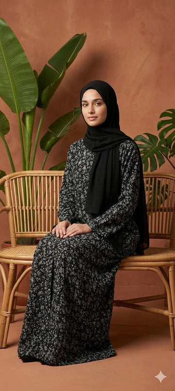 Elegant Black Floral Printed Abaya – Graceful Everyday Modest Wear