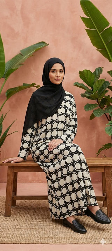 Elegant Black & Beige Polka Dot Abaya – Modern Modest Wear