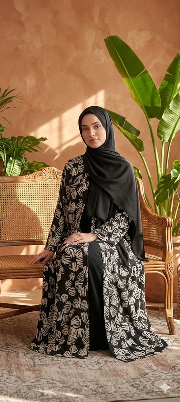 Elegant Black Floral Open Abaya – Timeless Modest Style