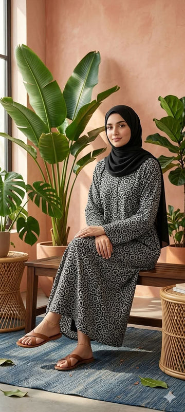 Elegant Grey Geometric Printed Abaya – Timeless Modest Wear