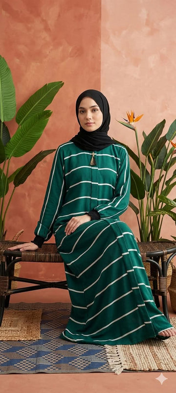Elegant Emerald Green Striped Abaya – Premium Modest Wear